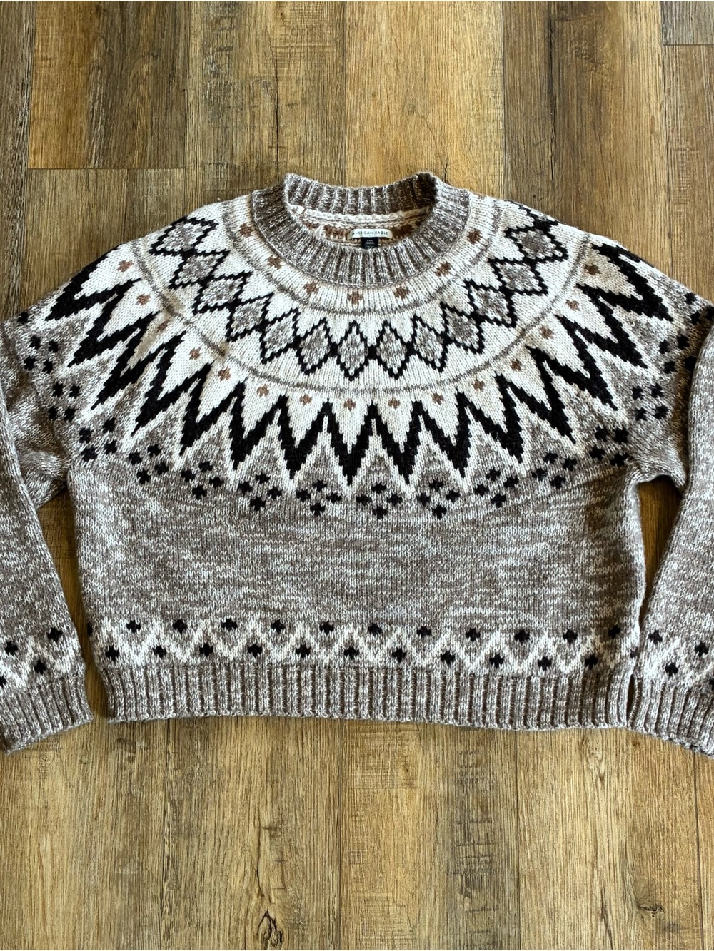 American Eagle Snow Stopper Knit Fair Isle Sweater Cropped Nordic Earthy L NWOT - Picture 3 of 7
